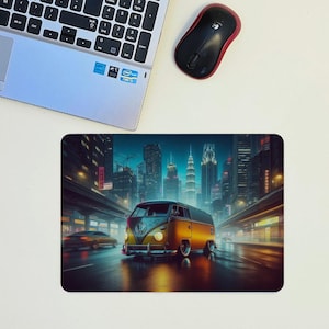 May include: A yellow and brown vintage van driving down a city street at night. The van has a chrome bumper and headlights. The city is lit up with streetlights and neon signs.