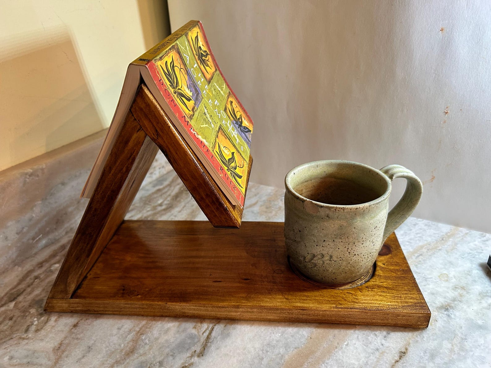 Wooden Triangle Book Stand: Reading Nook Valet with Cup Holder