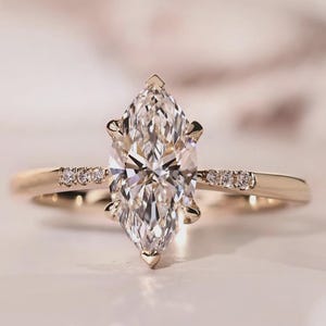 Marquise Cut Lab Grown Diamond Engagement Ring | Delicate Pave Band | 14K Yellow Gold Solitaire Ring | Unique Bridal Gift for Her