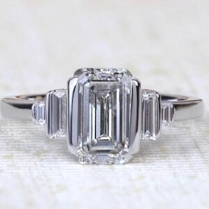 Art Deco Emerald Cut Engagement Ring | 14K Yellow Gold Baguette Side Stone Bridal Ring | Vintage Inspired Anniversary Gift