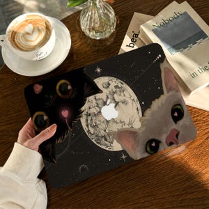 Moonlit Cat Portraits MacBook Case, Personalized Hard Shell Cover for Air 13 15 and Pro 13 14 16, Dark Celestial Artwork, Gift for Students