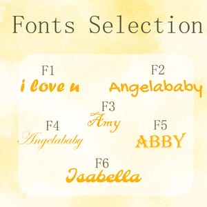 Op de afbeelding: Een selectie van zes verschillende lettertypen weergegeven met de tekst "i love u", "Angelababy", "Amy", "Angelababy", "ABBY" en "Isabella".