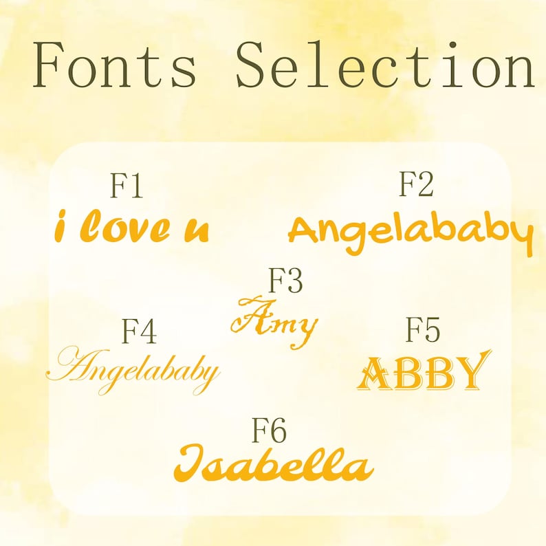 Op de afbeelding: Een selectie van zes verschillende lettertypen weergegeven met de tekst "i love u", "Angelababy", "Amy", "Angelababy", "ABBY" en "Isabella".