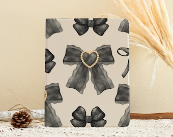 Black Bow iPad Case, Coquette Aesthetic Ribbo Tablet Cover, Elegant Pearl Heart iPad Pro Air Mini Case, All New iPad A16 Protective Case