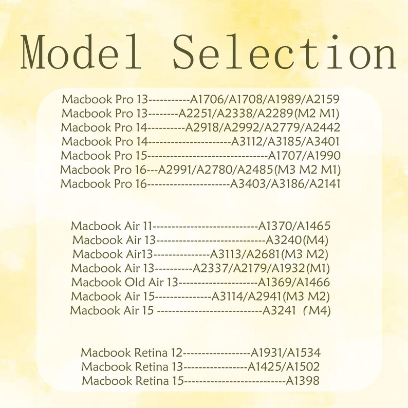 May include: Image displaying a model selection guide for various Macbook Pro, Air, and Retina models. The text is in a clear, easy-to-read font, listing model numbers for different Macbook generations.