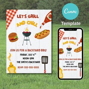 Op de afbeelding: Een printbare uitnodiging voor een barbecue in de achtertuin. De uitnodiging heeft een rood-wit geruit patroon, een grill, hotdogs, hamburgers, ketchup, mosterd en een spatel. De tekst op de uitnodiging luidt "Let's Grill and Chill" en "Join us for a backyard BBQ! Friday, July 4th Noon-3pm The Smith's Backyard RSVP: 555-555-5555".