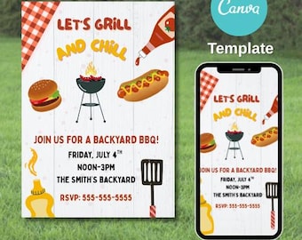 Backyard BBQ Bash Invitation | Editable Canva Template | Instant Download | 4x6, 5x7, & Mobile Sizes