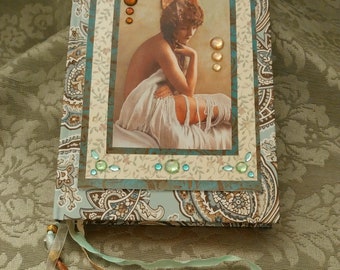 Beautiful journal with vintage pic of Victorian risqué woman wrapped in shawl greens and amber