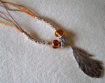 Silver Feather Amber Glass Necklace No.83