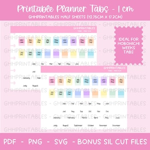 Peut inclure: Onglets de planificateur imprimables dans différentes couleurs pastel, avec les noms des mois et les numéros, conçus pour être utilisés avec un planificateur Hobonichi. Les onglets mesurent 1 cm de large et sont vendus par lot de 12.