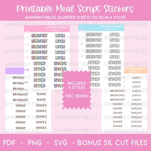 May include: Printable meal script stickers for planners and journals. The stickers are in four different styles and include the words "breakfast", "lunch", "dinner", and "snacks". The stickers are on quarter sheets, measuring 12.75 inches by 9.1 inches.