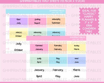 May include: Printable planner tabs in various pastel colors with month names written in black. The tabs are 5 cm wide and designed for use with Erin Condren planners.