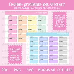 Puede incluir: Pegatinas de caja imprimibles para planificadores en colores pastel. Las pegatinas están en varios tonos de rosa, azul, amarillo y verde. El texto en las pegatinas dice "personalizado". El texto en la imagen dice "Pegatinas de caja imprimibles personalizadas GHHPRINTABLES HOJAS MEDIAS (12,75 CM X 17,3 CM) IDEAL PARA HOBONICHI COUSIN & 3,3 CM COLUMNAS DE PLANIFICADORES COMPRAR UNA VEZ IMPRIMIR TANTO COMO NECESITE PDF - PNG - SVG - ARCHIVOS DE CORTE SIL BONUS"