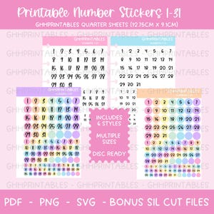 May include: Printable number stickers in six different styles, with numbers 1-31 in a rainbow color scheme. The stickers are on quarter sheets, measuring 12.75 inches by 9.1 inches. The stickers are disc ready and come in multiple sizes.