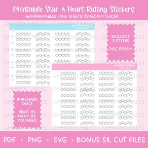 以下が含まれることがあります： 印刷可能な星とハートの評価ステッカー。ステッカーにはハートと星のデザインが含まれています。画像には「Printable Star & Heart Rating Stickers」と「Includes 2 Styles」と書かれています。ステッカーのサイズは12.75cm x 17.3cmです。