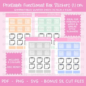 May include: Printable functional box stickers for planners, measuring 2.1 cm. The stickers are in various colors, including orange, green, gray, and blue. The stickers are designed for use with Hobonichi Weeks and similar style planners.
