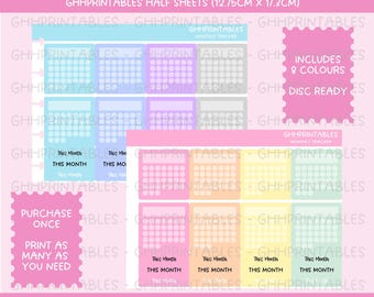 May include: Printable monthly tracker planner stickers in pastel colors. The stickers are designed to fit half sheets, measuring 12.75 inches by 17.3 inches. The stickers include 8 colors and are disc ready. The text "Purchase Once, Print as Many as You Need" is included on the sticker sheet. The text "PDF - PNG - SVG - Bonus Sil Cut Files" is also included on the sticker sheet.