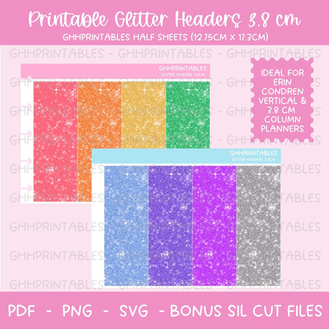 Planner Rainbow Glitter Header 3.8cm DIGITAL &amp; PRINTABLE Stickers ...
