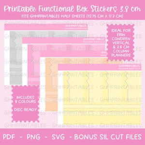 May include: Printable functional box stickers in 9 colors, measuring 3.8 cm. The stickers are designed to fit half sheets of paper, measuring 12.75 cm by 17.3 cm. The stickers are ideal for Erin Condren vertical and column planners.