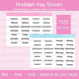 Op de afbeelding: Printbare stickers voor een planner of dagboek met de dagen van de week in vier verschillende stijlen. De stickers zijn in een regenboogkleurenschema en zijn klaar om op een schijf te worden afgedrukt.
