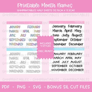 Op de afbeelding: Printbare stickers met de namen van de maanden in vier verschillende stijlen. De stickers zijn in zwart-wit, regenboog en een pastelkleurenschema. De tekst bevat de maanden van het jaar: januari, februari, maart, april, mei, juni, juli, augustus, september, oktober, november en december. De stickers zijn klaar om te worden afgedrukt en uitgeknipt.