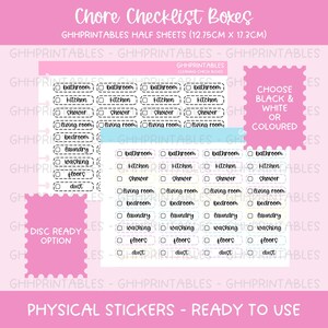 May include: Two sheets of chore checklist stickers measuring 12.75cm x 17.3cm. One sheet features black text on white, the other features pastel-coloured text. Labels include bathroom, kitchen, shower, living room, bedroom, laundry, washing, floors, and dust.