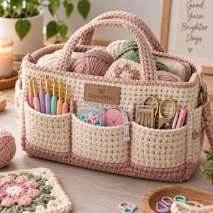 Puede incluir: Un bolso rectangular de ganchillo para guardar lana en color crema y rosa empolvado con dos asas. El frente tiene tres bolsillos exteriores con ganchillos de colores, un estuche con marcadores de puntos, una cinta métrica y tijeras doradas.
