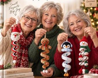 May include: A DigitalMint Crochet Christmas Spiral Ornament DIY Kit book featuring a step-by-step pattern guide. The cover displays four crocheted spiral ornaments: a Santa, a gingerbread person, a penguin, and a snowman, with text throughout.