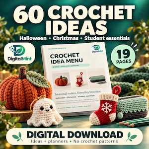 Könnte beinhalten: Ein digitaler Download mit dem Titel 60 Crochet Ideas, der ein 19-seitiges Häkelideen-Menü enthält. Das Bild zeigt einen gehäkelten Kürbis, einen Geister-Schlüsselanhänger, einen kleinen Weihnachtsstrumpf und ein Federmäppchen sowie Text ohne Häkelanleitungen.