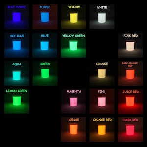 May include: A grid of small, glowing containers in various colors, including blue, purple, yellow, white, green, pink, and red. Each container has a label indicating its color, such as "Sky Blue," "Lemon Green," and "Orange Red."