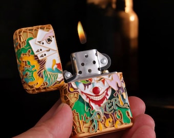 Joker-Themed Brass Zippo Lighter: Colorful Clown Design
