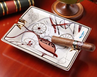 Luxury Ceramic Cigar Ashtray – Artistic Vintage-Inspired Gold-Trimmed Design | Elegant Ashtray for Home, Office & Lounge |  Dad gift