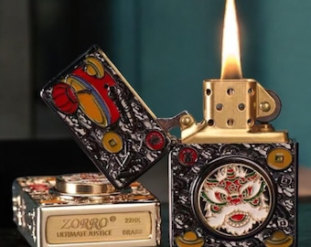 Encendedor de latón chapado en oro de 22 quilates: intrincado diseño de dragón asiático, pieza de colección resistente al viento.