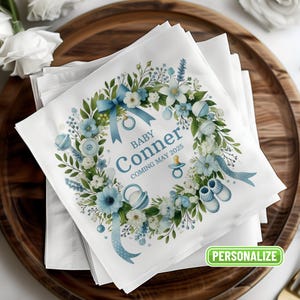 Customizable Baby Shower Napkins with Blue Floral Wreath Design Perfect for Luncheons and Beverages Personalized Party Decor