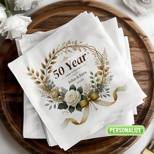Custom Anniversary Napkin, Personalized Anniversary Beverage Napkins, Custom Names and Date, Elegant Luncheon Napkins