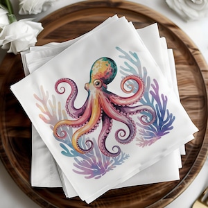 Cocktailservietten aus Papier, Krake, Korallen, Meeresleben, Strand- und Ozeanparty, Seeservietten