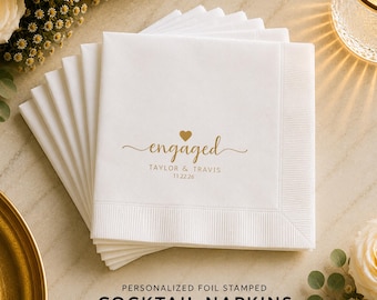 Personalized Foil Stamped Cocktail Napkins: Engaged Design, Wedding & Party Decor