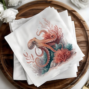 Cocktailservietten aus Papier, Krake, Korallen, Meeresleben, Strand- und Ozeanparty, Seeservietten