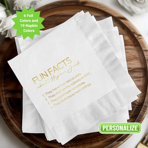Custom Trivia Wedding Napkins Birthday Fun Facts Personalized Cocktail Napkins, Wedding Favor Bar Napkins, Custom Printed Monogram Napkins
