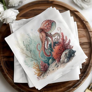 Cocktailservietten aus Papier, Krake, Korallen, Meeresleben, Strand- und Ozeanparty, Seeservietten