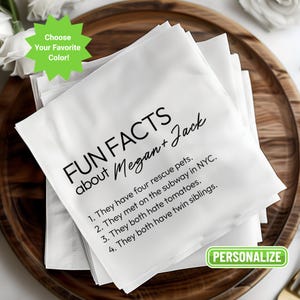 Custom Trivia Wedding Napkins Birthday Fun Facts Personalized Cocktail Napkins, Wedding Favor Bar Napkins, Custom Printed Monogram Napkins