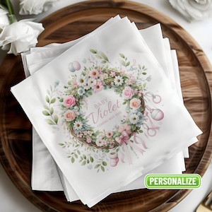 Custom Floral Wreath Baby Shower Napkins: Personalized Party Decor