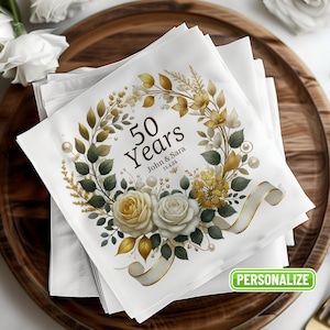 Custom Anniversary Cocktail Napkins Elegant Beverage or Luncheon Napkins for Any Anniversary Personalized Names Date Floral Design