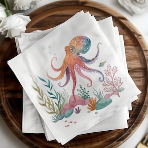 Cocktailservietten aus Papier, Krake, Korallen, Meeresleben, Strand- und Ozeanparty, Seeservietten