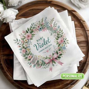Personalized Baby Shower Napkins: Floral Wreath, Custom Name