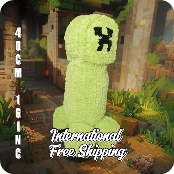Handmade Creeper Plush – Minecraft Amigurumi Toy | 40cm Crochet Plushie | Velvet Yarn | Gamer Gift | Geeky Room Decor