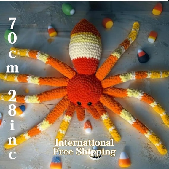 Handmade Candy Corn Tarantula Plushie – Giant Spider Plush (70x40 cm | 27.5"x15.7") – Halloween Plush Toy – Soft Spider Stuffed Animal