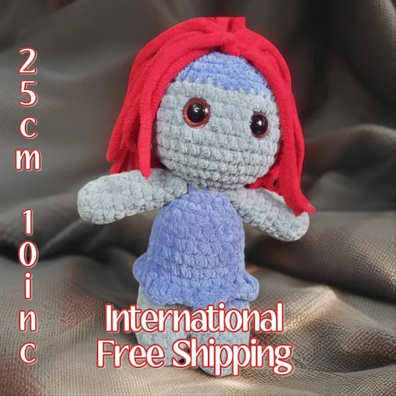 Ghoulie Doll – Gray Skin, Red Hair, Blue Dress – Creepy Cute Handmade Plush – 25 cm Huggle Bug Amigurumi