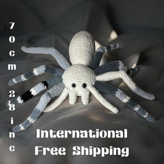 Giant 70 cm Gray & White Spider Plush – Handmade Amigurumi Spider – Soft Gothic Plush Toy for Spooky Home Decor