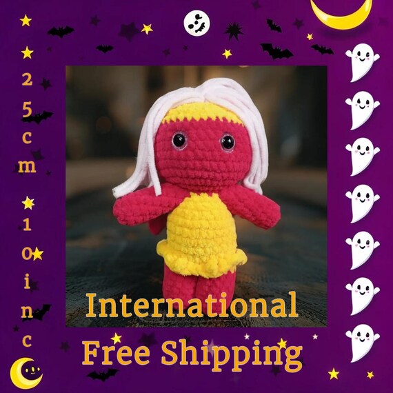 Ghoulie Doll – Pink Skin, Light Pink Hair, Yellow Dress – Cute Spooky Amigurumi – 25 cm Handmade Plush